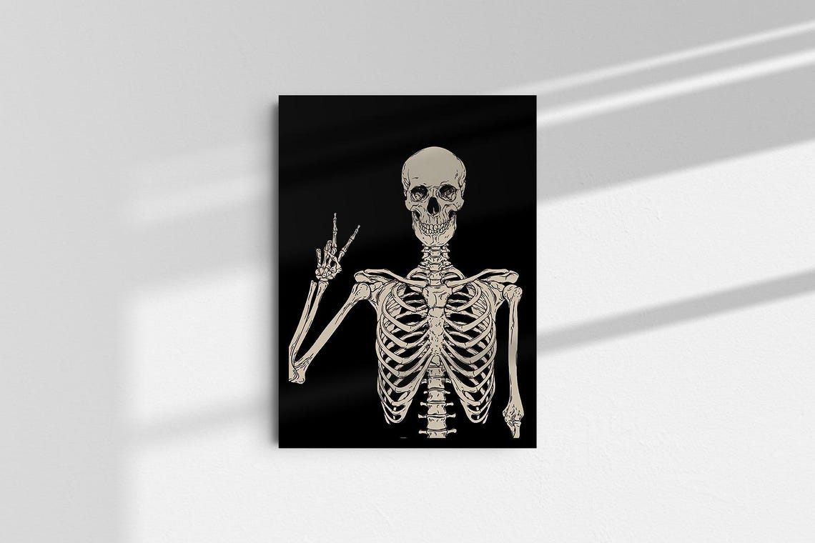 Peace Sign Skeleton Black Background Gothic Skull Art Poster - Image 2