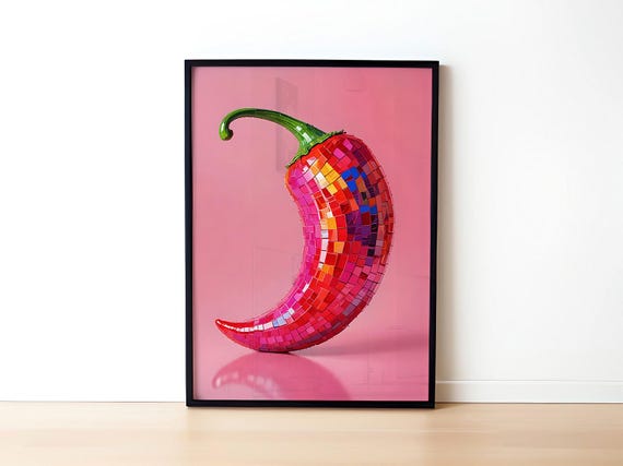 Wall Art Hot Chili Pepper Disco Ball Painting Maximalist Room Decor Preppy Poster Mirror Ball Girly Kitchen Print