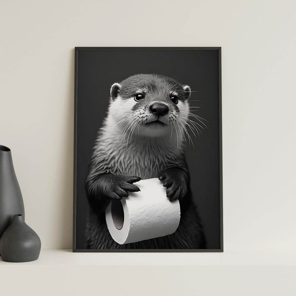 Cute Otter Holding Toilet Paper Funny Bathroom Black and White Poster - Image 4