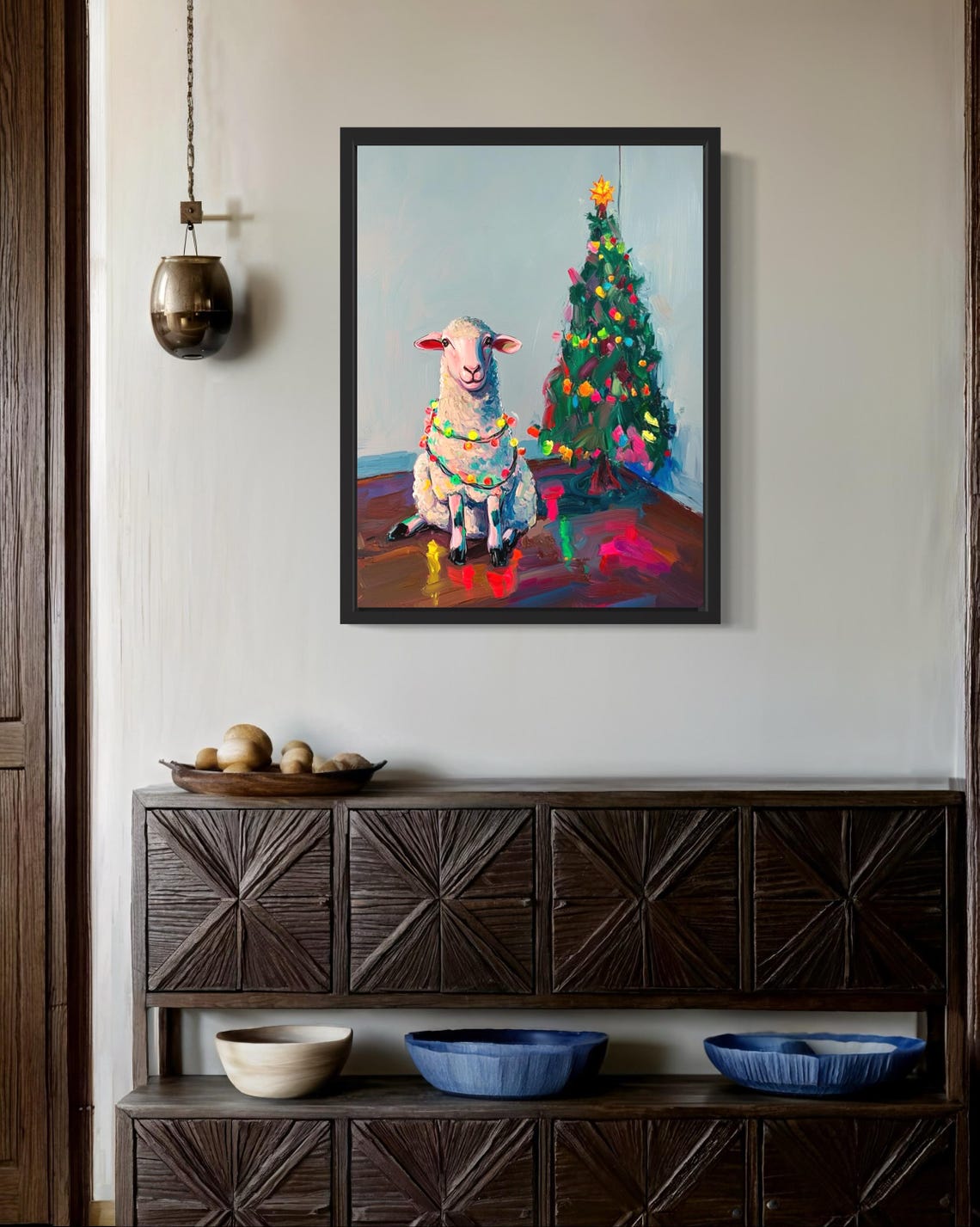 White Sheep Wrapped in Bright Christmas Lights Holiday Poster - Image 2