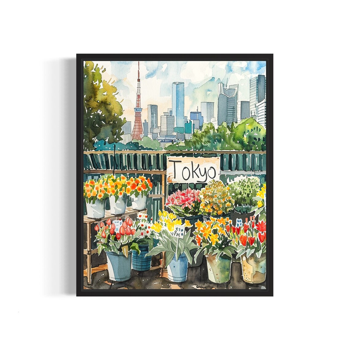 Tokyo Japan Potted Flower Market Watercolor Tokyo Tower View Poster
