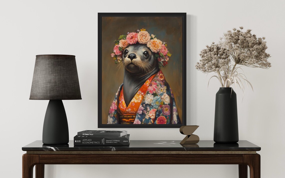 Sea Lion Wearing Floral Kimono and Flower Crown Portrait Poster - Image 2