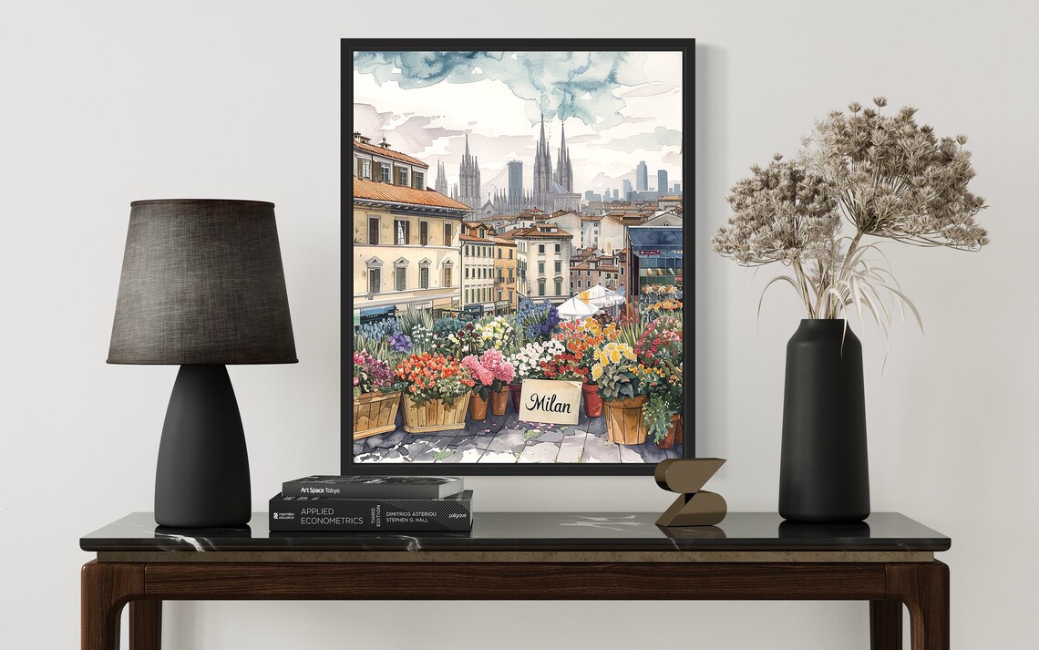Milan Flower Market Watercolor Poster Blooming Piazza Cathedral Spires - Image 2