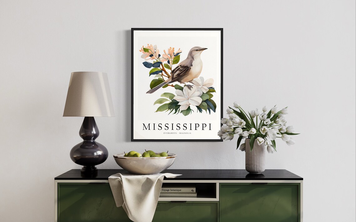 Mississippi State Bird Art Print, State Flower Wall Art - Image 2