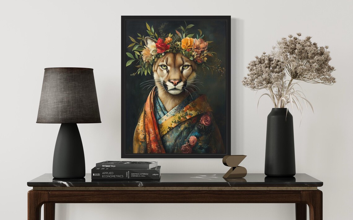 Cougar Poster Art Print, Animal Flowers In Kimono - Image 2