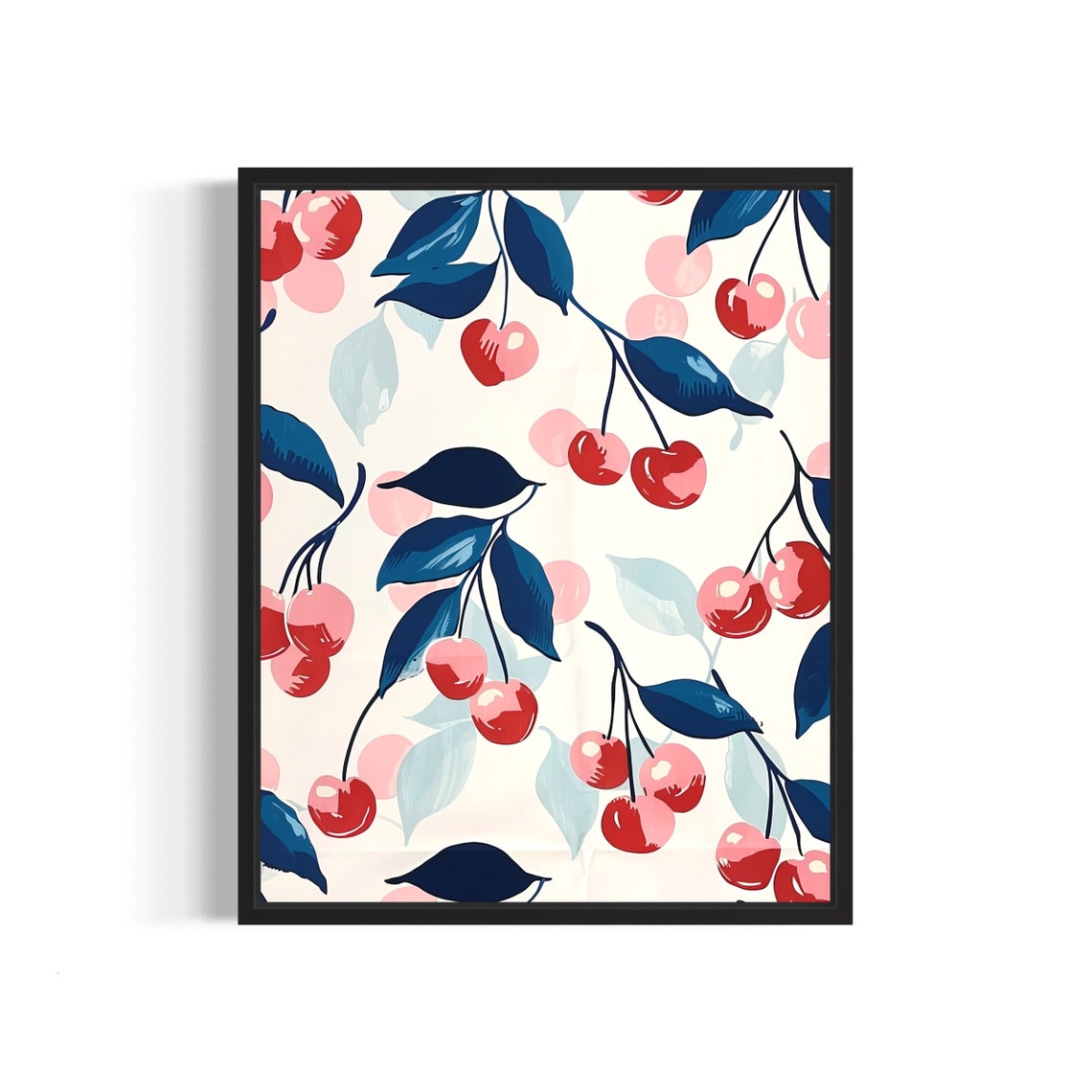Cherry Pattern Red Pink Navy Illustrated Fruit Kitchen Poster