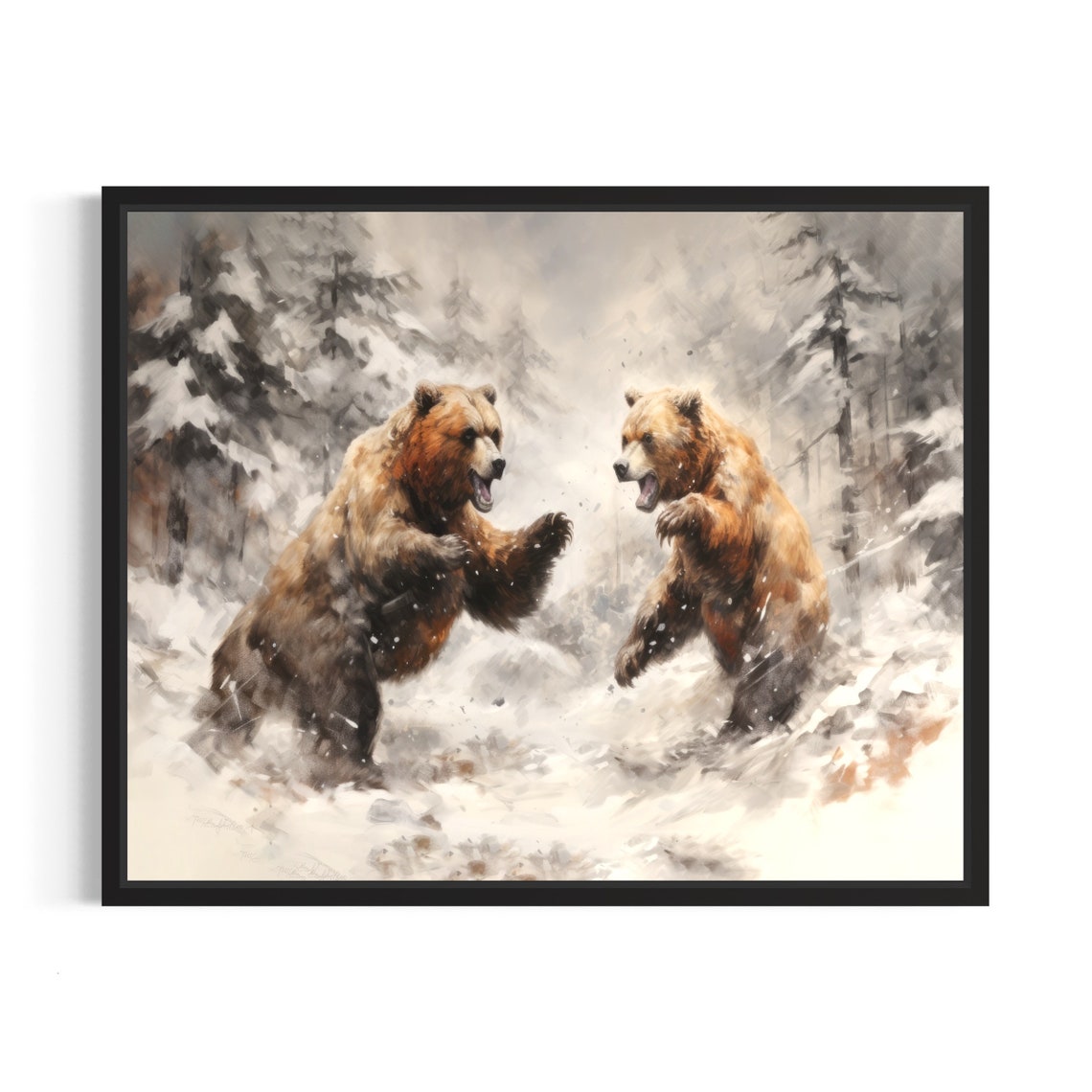Bear Fighting Poster Art Print Winter Scenery Artwork Wall Art Painting