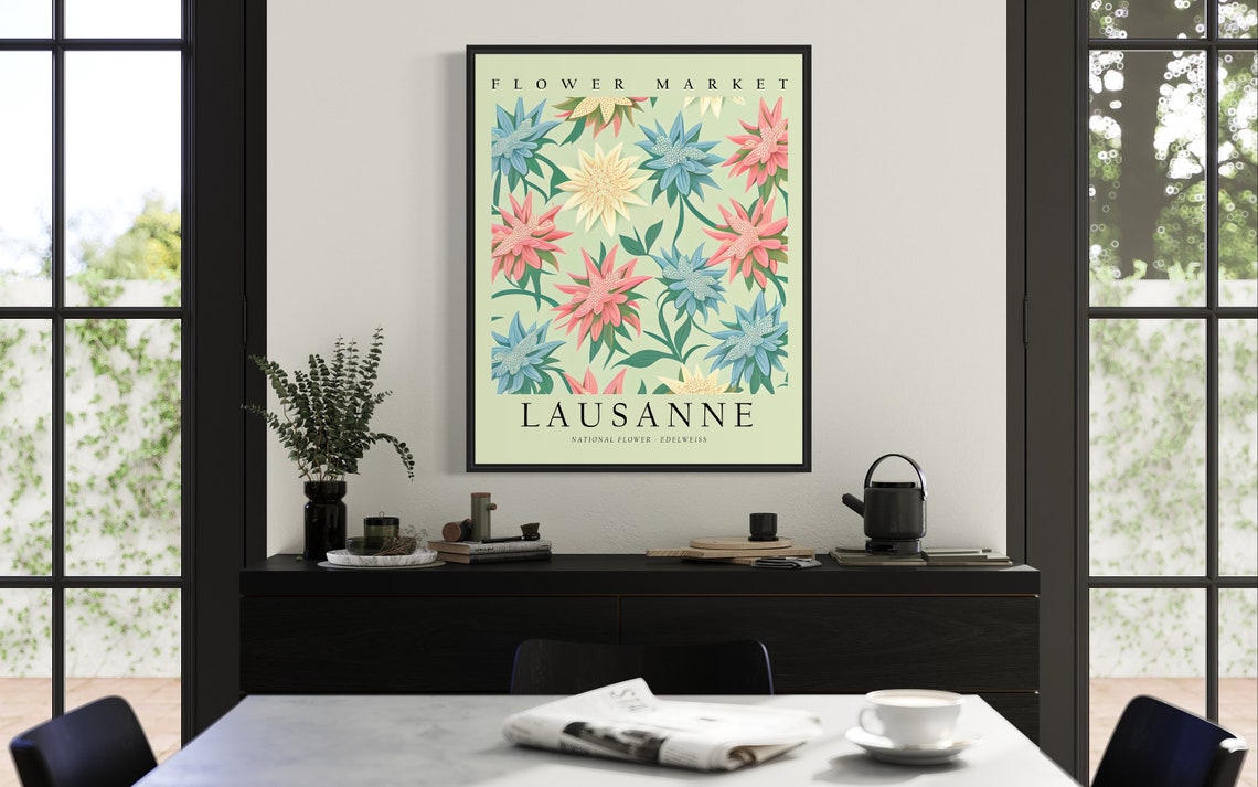Lausanne Flower Market Edelweiss Botanical Pattern Illustration Poster - Image 3