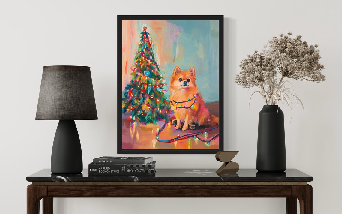 Pomeranian Dog Tangled in Christmas Lights Art Print - Image 3
