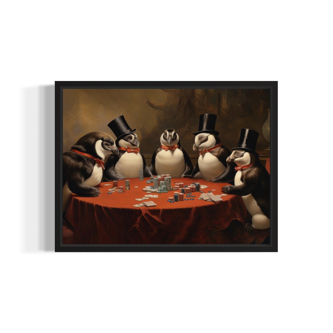 Penguins Playing Cards Humor Animal Art Print