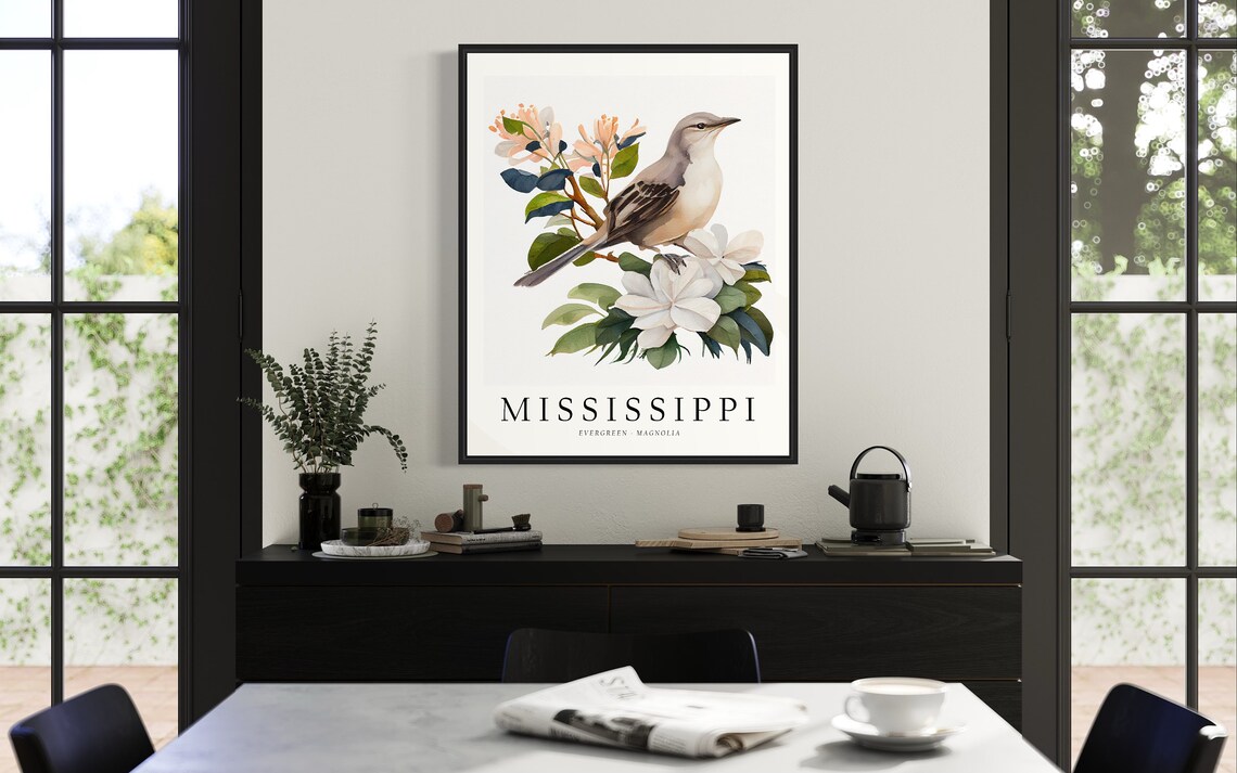 Mississippi State Bird Art Print, State Flower Wall Art - Image 3