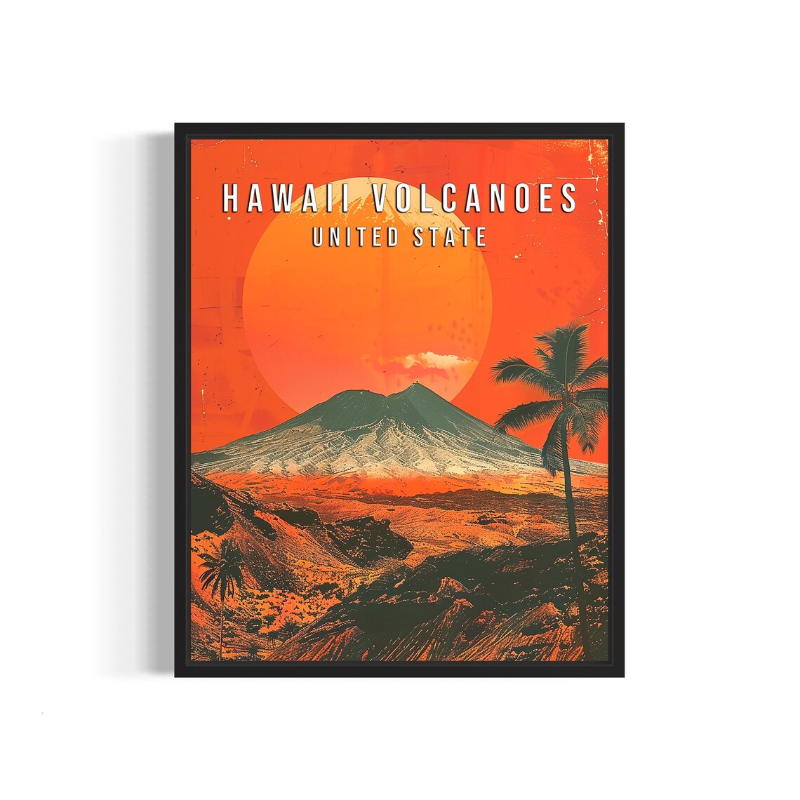 Hawaii Volcanoes Vintage Travel Poster Orange Sunset Palm Art