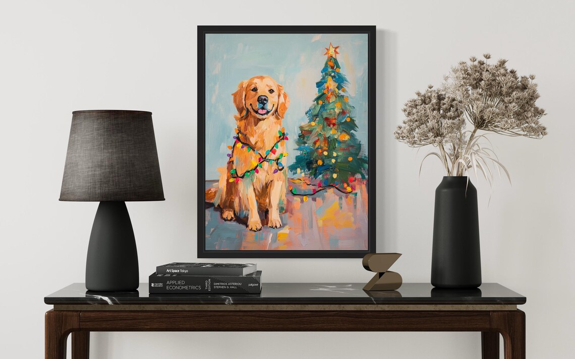 Golden Retriever Dog in Christmas Lights Art Print - Image 3