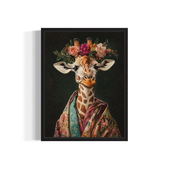 Giraffe Art Print, Animal Flowers In Kimono