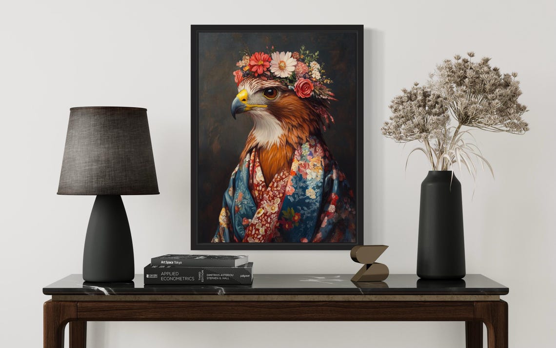 Hawk Profile In Blue Floral Kimono With Rose Flower Crown Art Print - Image 2