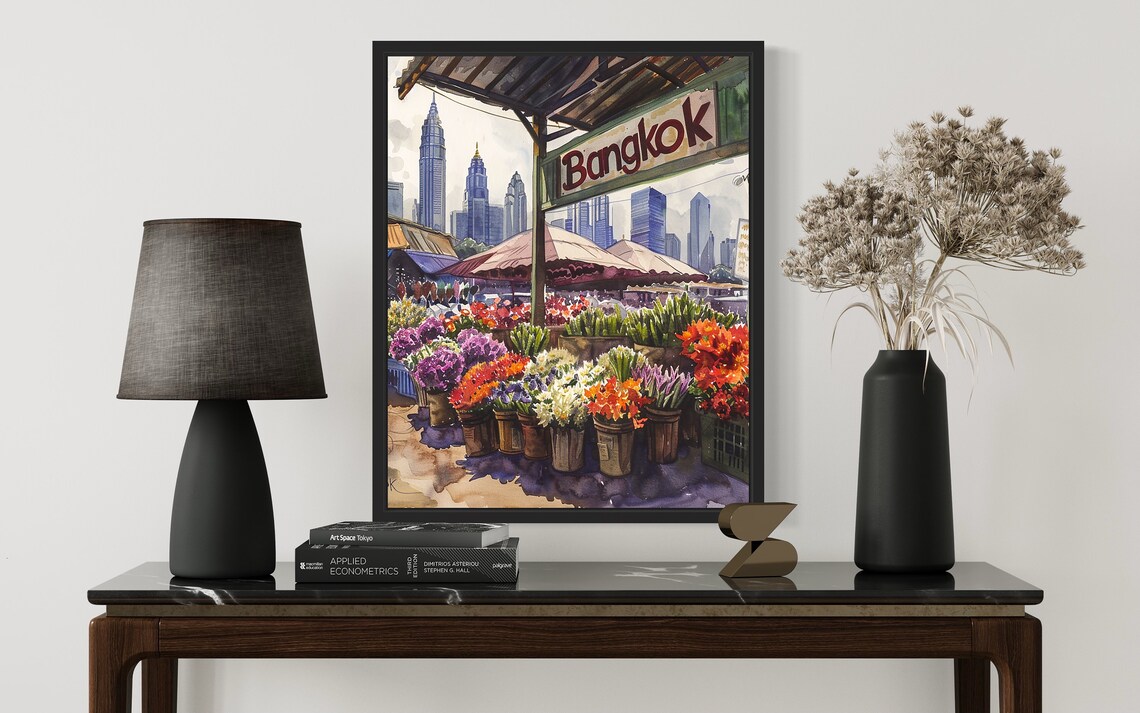 Bangkok Thailand Skyline Watercolor Flower Market Scene Poster - Image 2