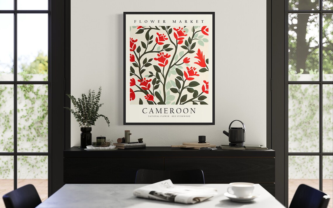 Cameroon Flower Market National Red Stinkwood Floral Vintage Poster - Image 3