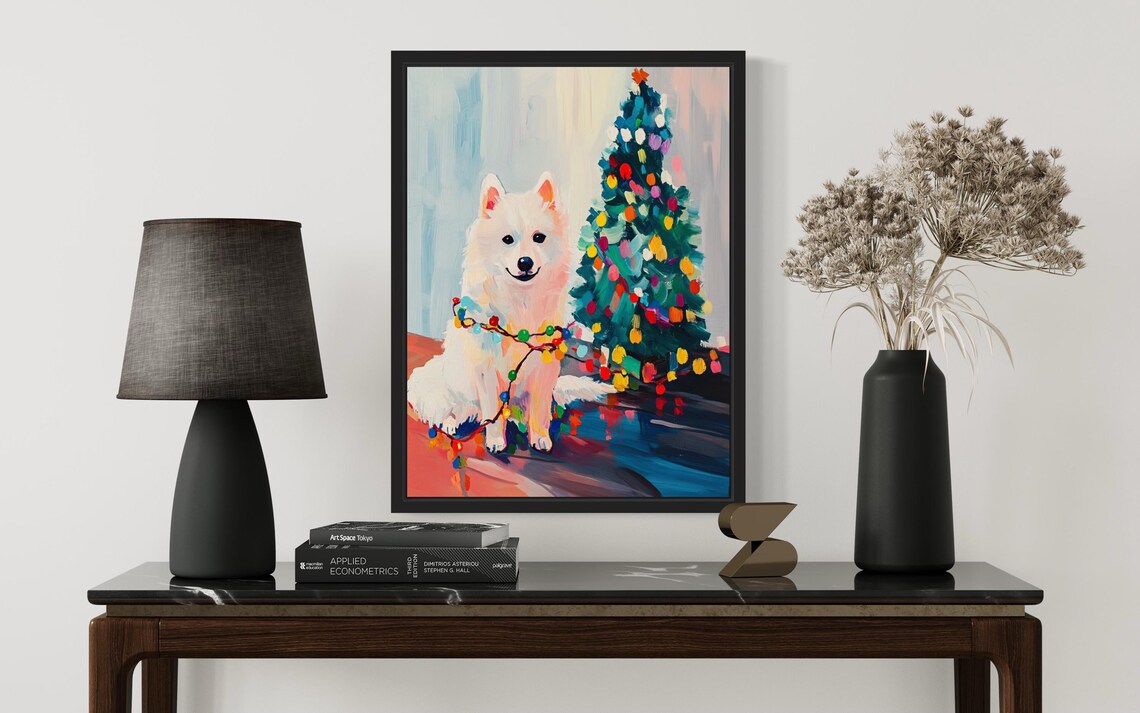 Samoyed Dog Wrapped in Colorful Christmas Lights Holiday Poster - Image 3