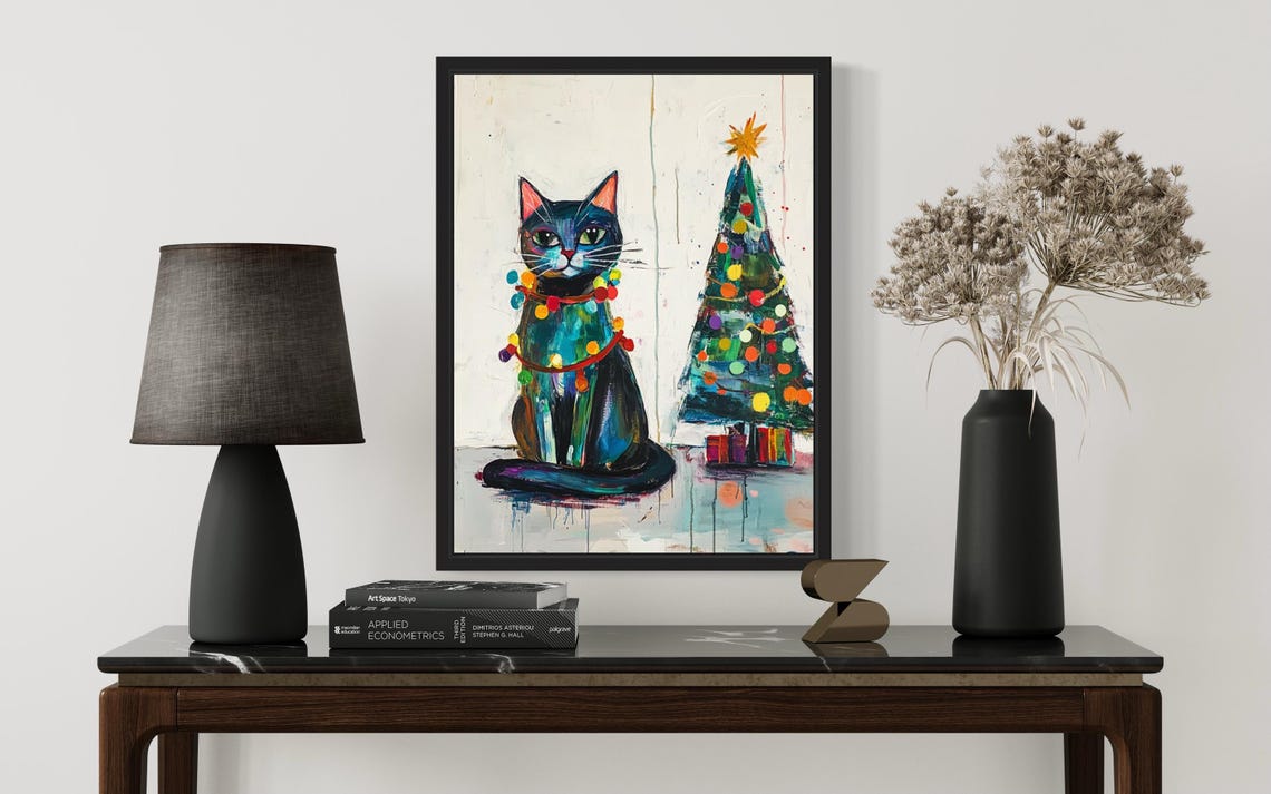 Black Cat Tangled In Christmas Lights Holiday Tree Poster Artwork - Image 3