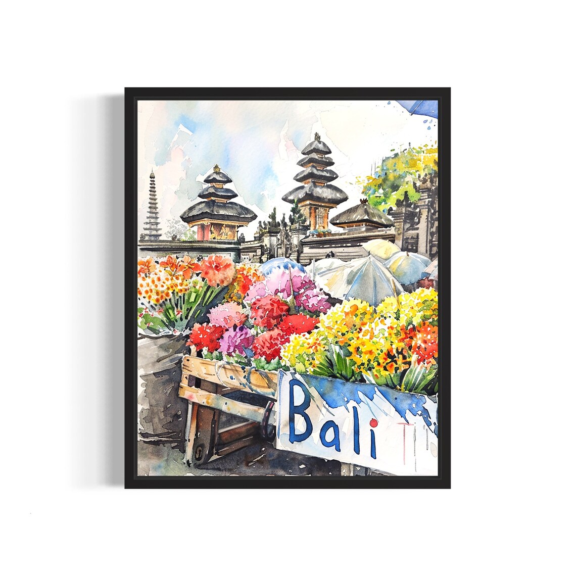 Bali Flower Market Watercolor Poster with Temple and Tropical Blooms
