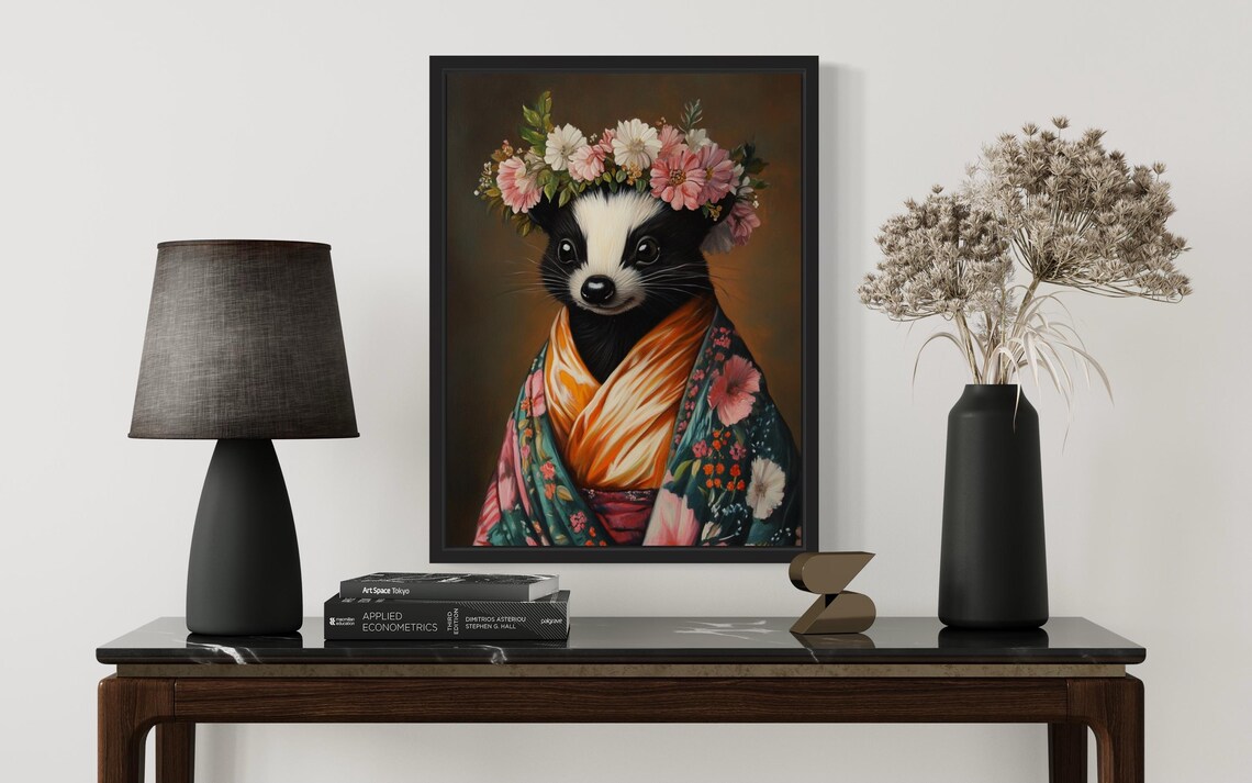 Skunk Wearing Floral Kimono and Flower Crown Portrait Poster - Image 2