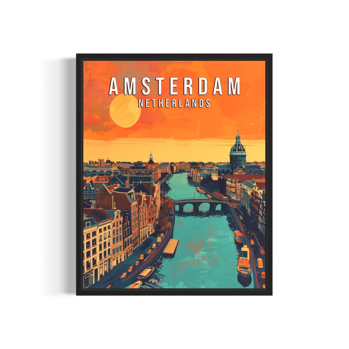 Amsterdam Netherlands Sunset Canal Vintage Retro Travel Poster
