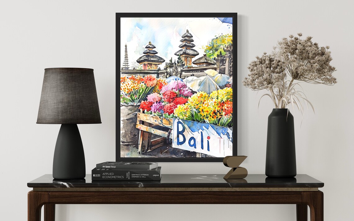 Bali Flower Market Watercolor Poster with Temple and Tropical Blooms - Image 2