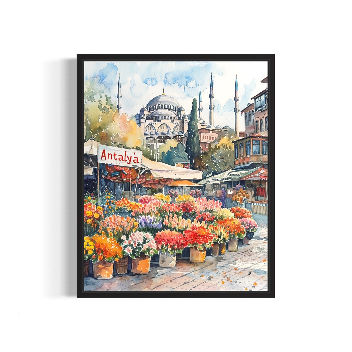 Antalya Turkey Flower Market Watercolor Poster with Mosque View