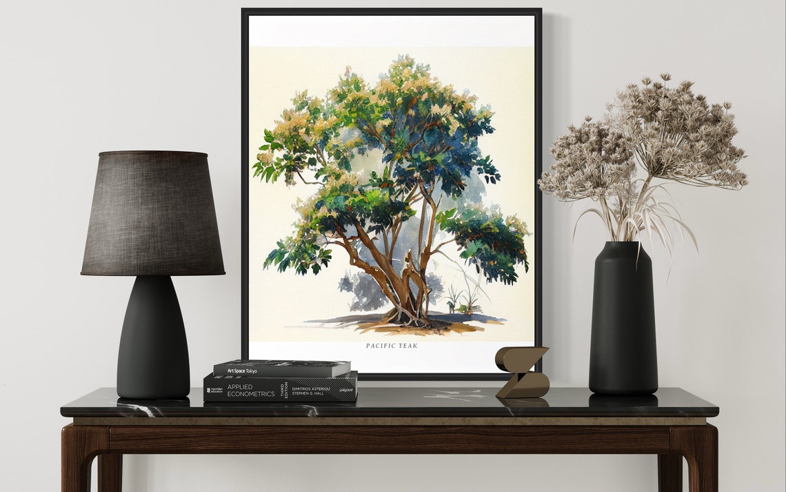 Pacific Teak Leafy Broadleaf Tree Watercolor Botanical Poster - Image 3