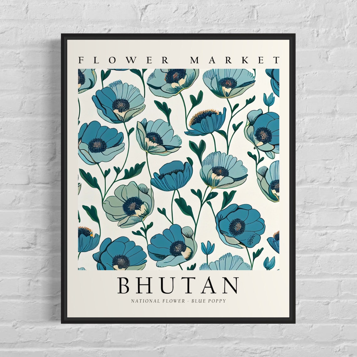 Bhutan Flower Market Blue Poppy Botanical Pattern Art Poster