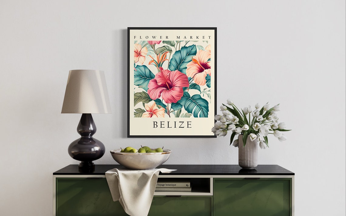 Belize Flower Market Art Print Belize Flower Hibiscus Wall Art Botanical Pastel Artwork - Image 2