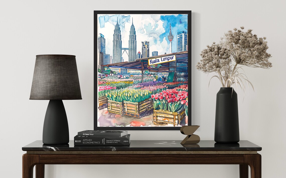 Kuala Lumpur Flower Market Watercolor Poster Twin Towers View - Image 2