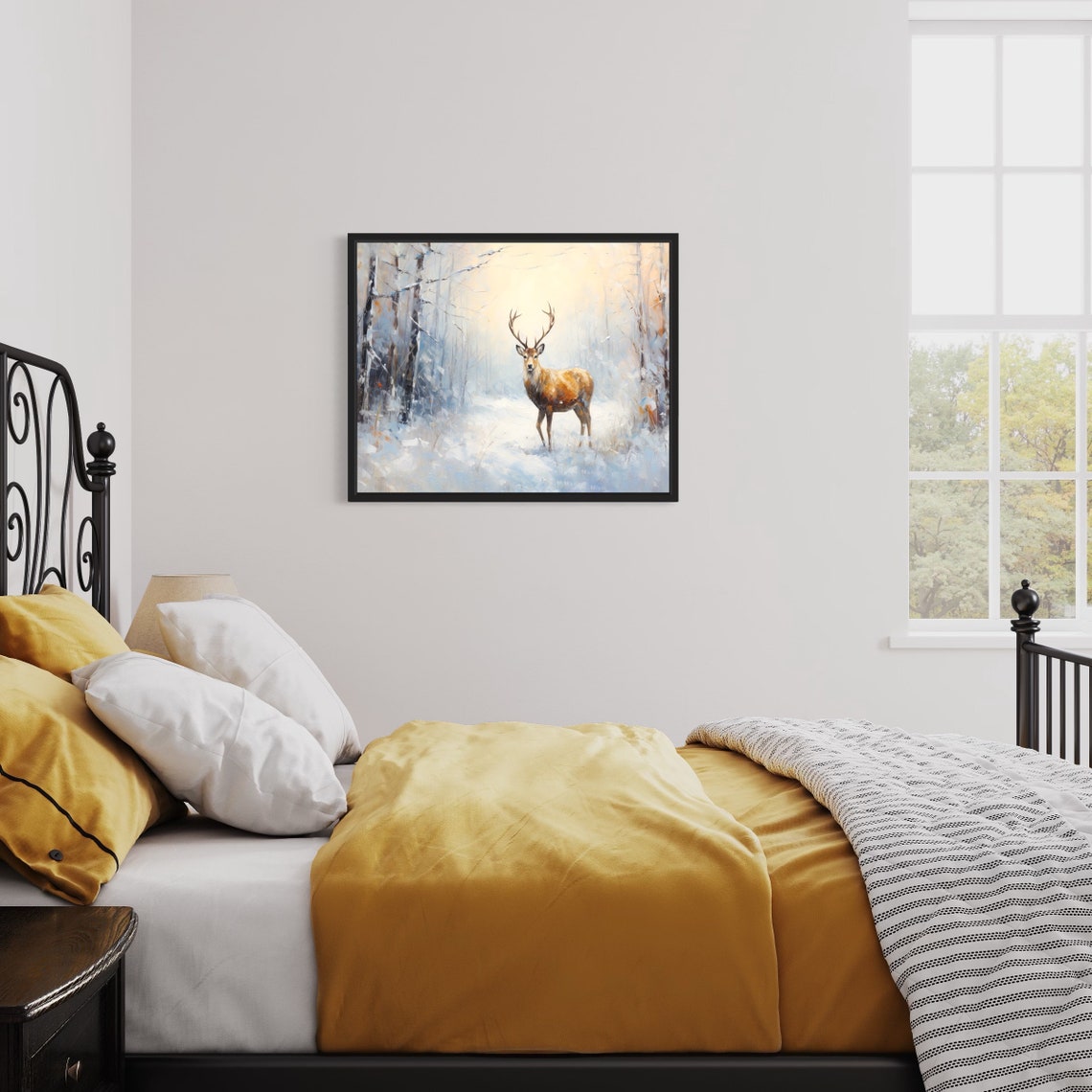 Reindeer Stag in Snowy Winter Forest Oil Painting Style Poster - Image 2
