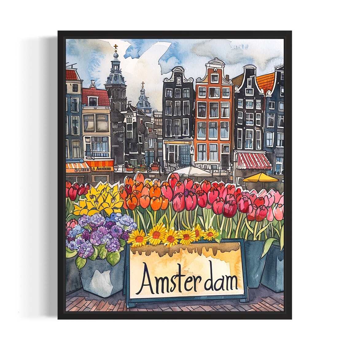 Amsterdam Canal Houses Watercolor Tulip Market Plaza Scene Poster
