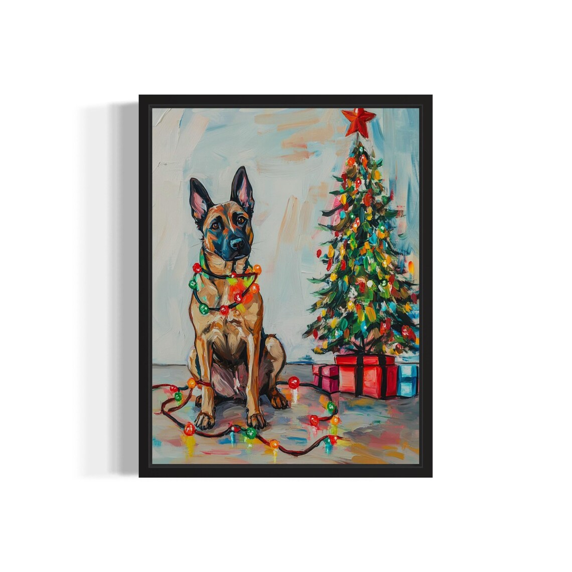 Belgian Malinois Dog Tangled In Christmas Lights Art Print