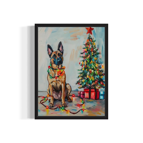 Belgian Malinois Dog Tangled In Christmas Lights Art Print