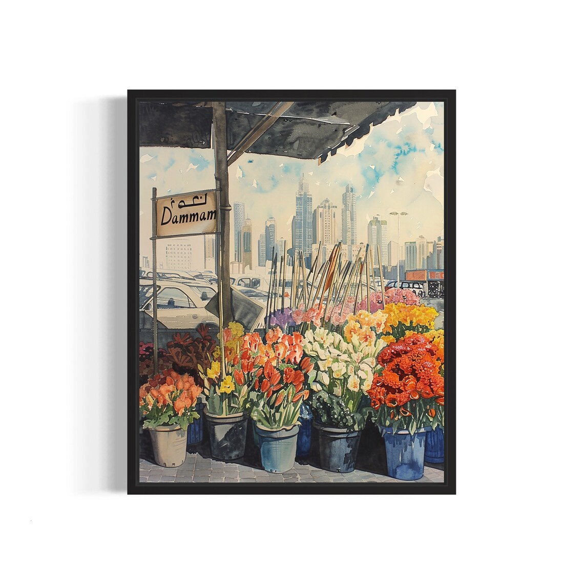 Dammam Flower Market Watercolor Poster Modern Saudi Skyline View
