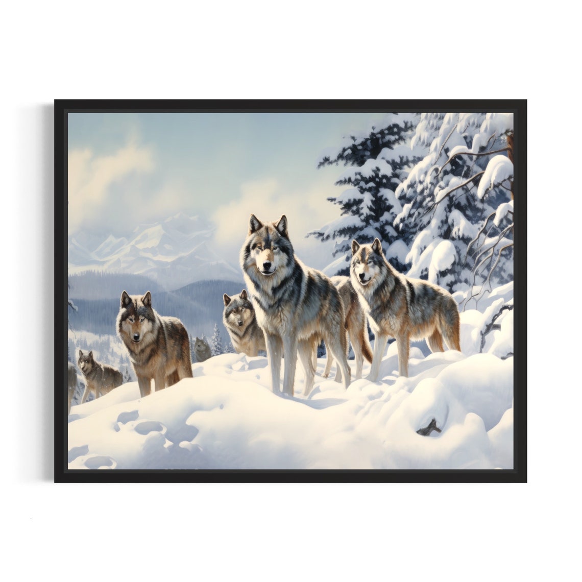 Wolf Pack Poster Art Print Winter Scenery Artwork Wall Art Painting