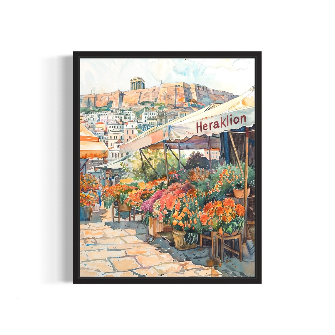 Heraklion Greece Ancient Acropolis Watercolor Flower Market Poster