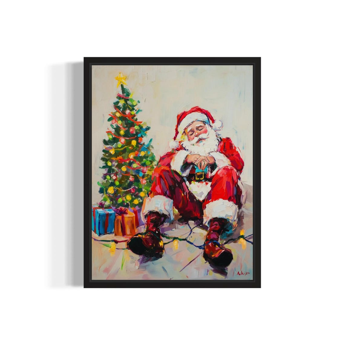Sleeping Santa Claus Beside Christmas Tree Painterly Holiday Poster