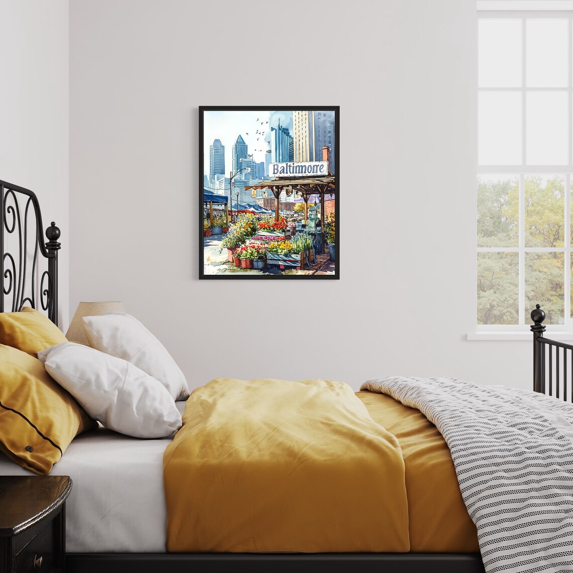 Baltimore Maryland Harbor Market Watercolor Flower Scene Poster - Image 3