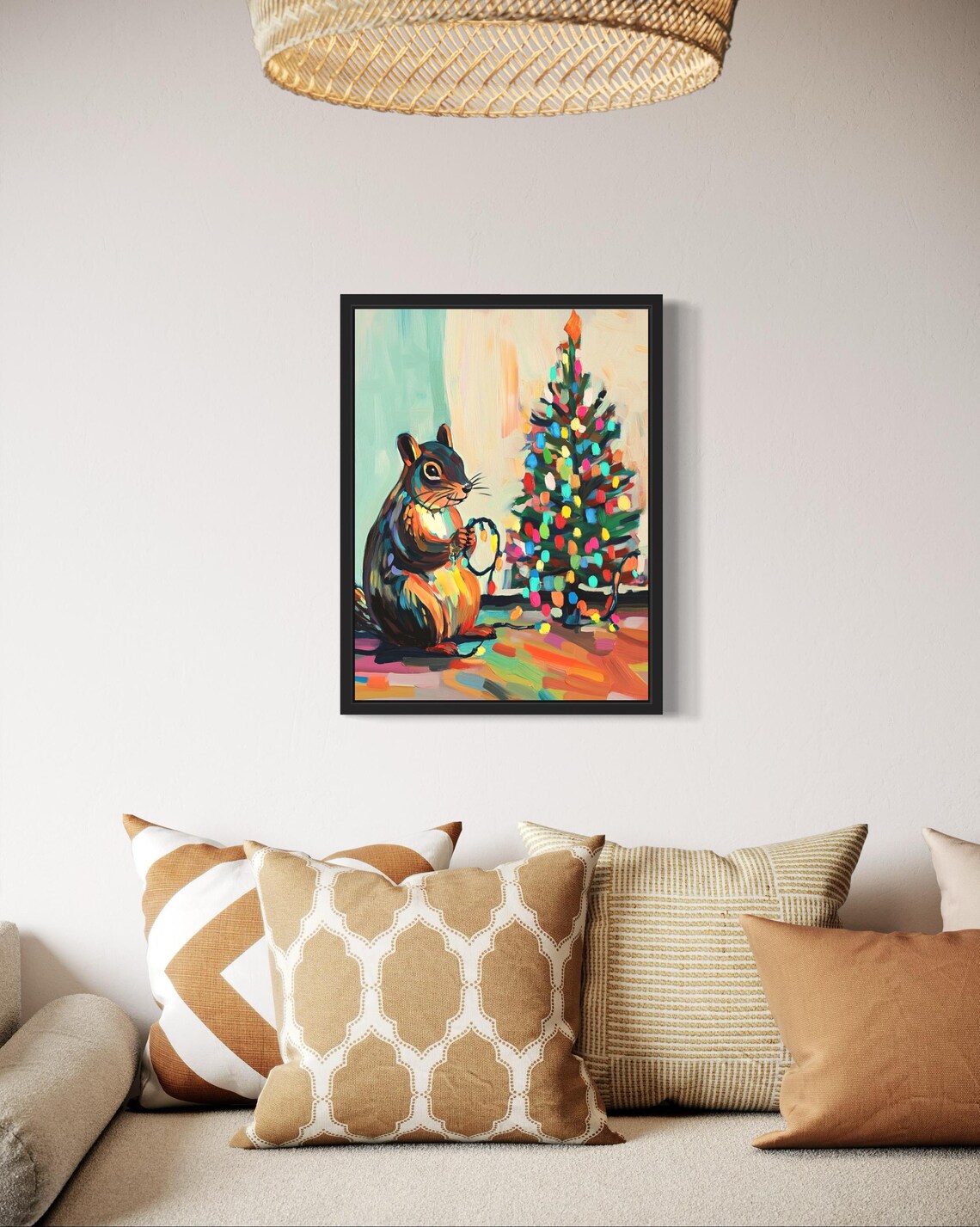 Squirrel Holding String of Colorful Christmas Lights Holiday Poster - Image 2