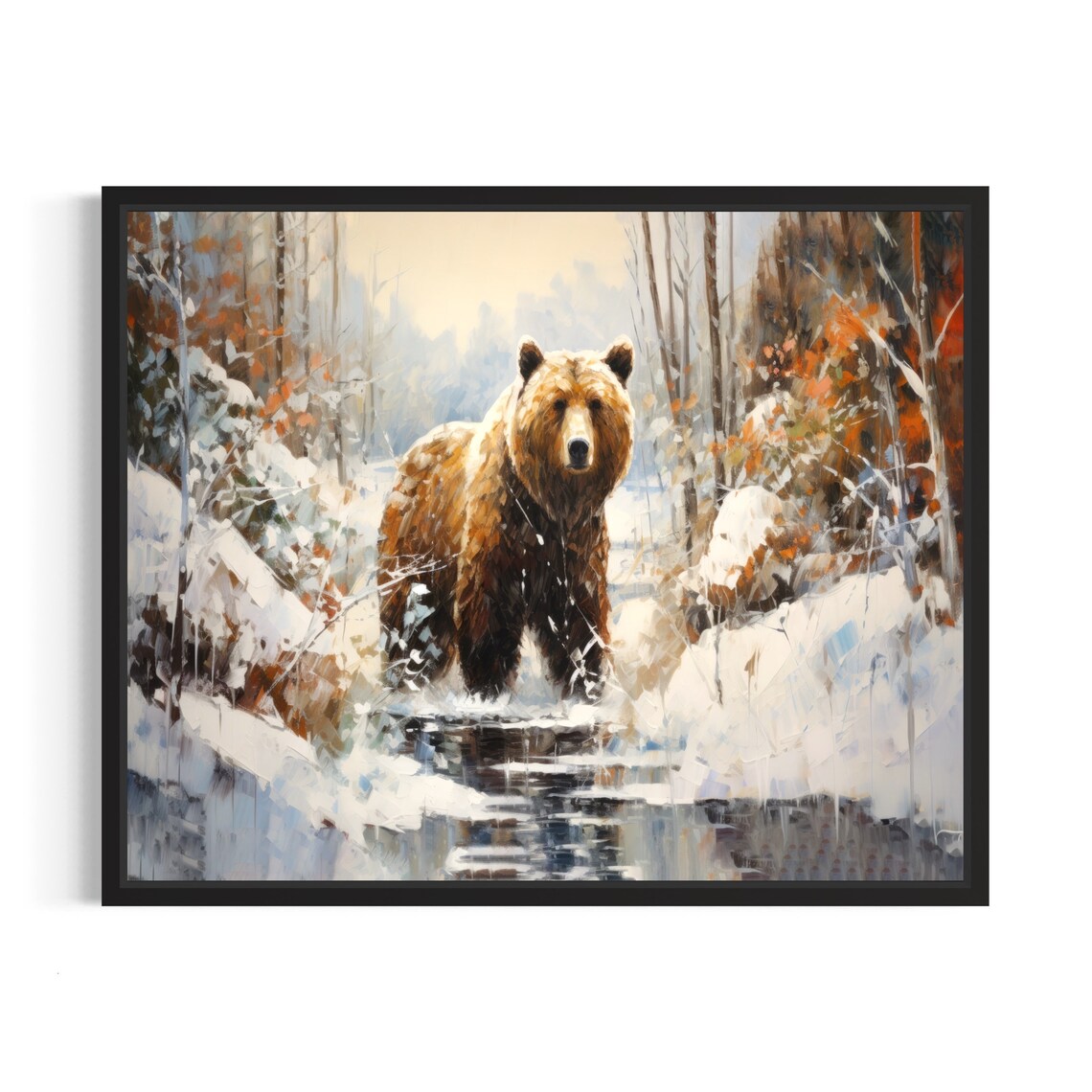 Brown Bear in Snowy Winter Forest Stream Wildlife Painting Poster