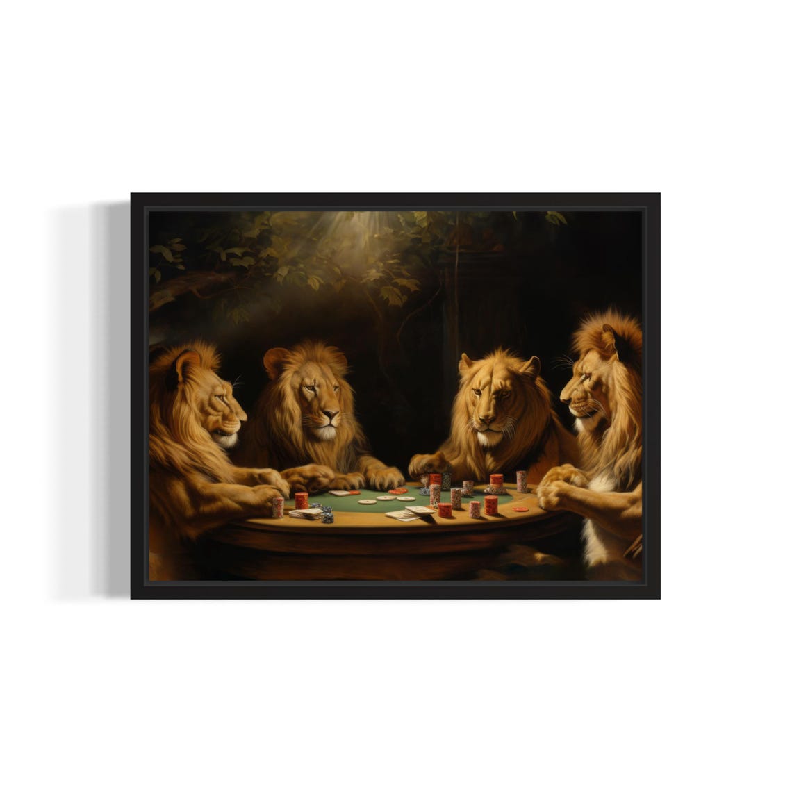 Lions Playing Poker Card Game Big Cats Chip Stacks Humor Poster