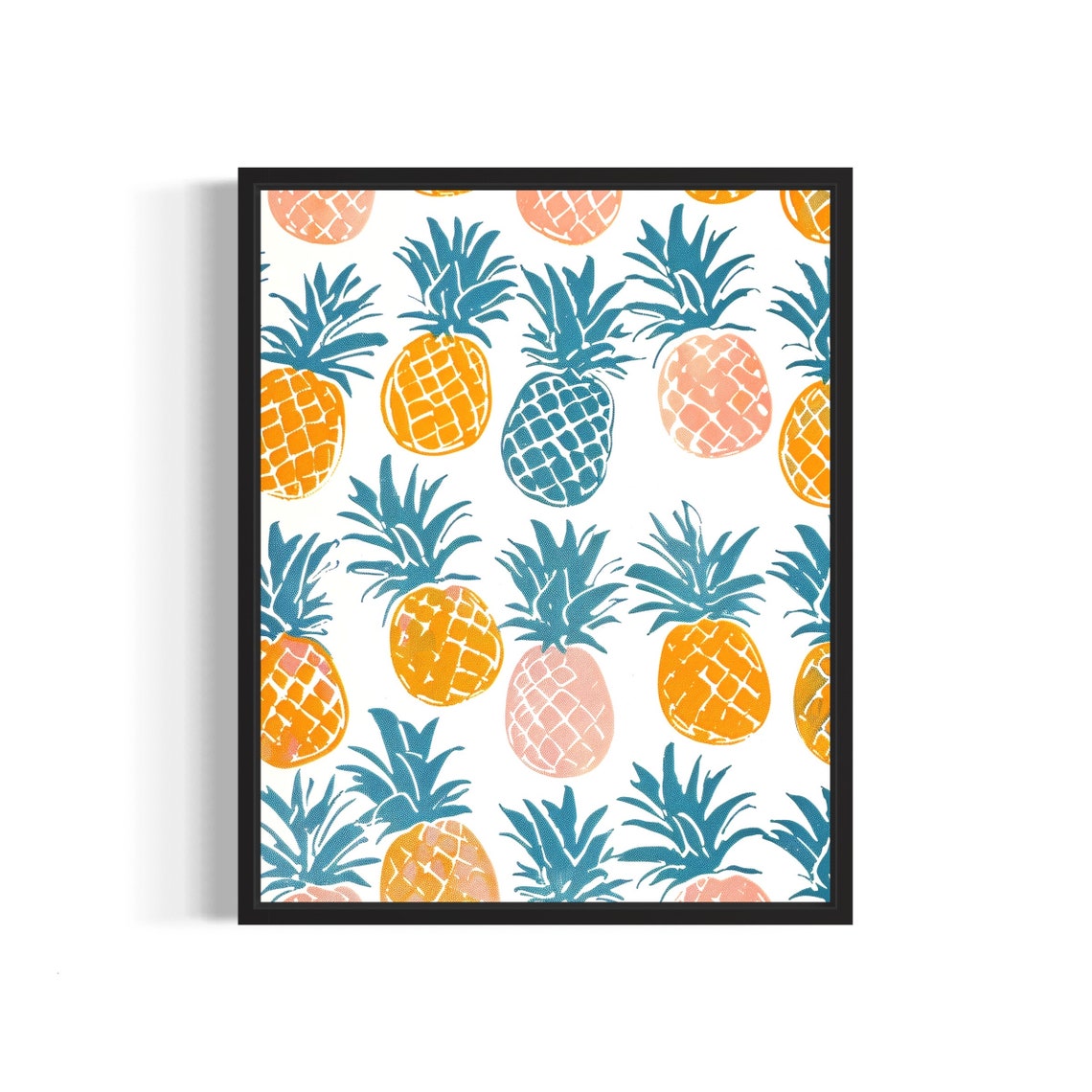 Pineapple Pattern Orange Teal Retro Tropical Kitchen Art Poster