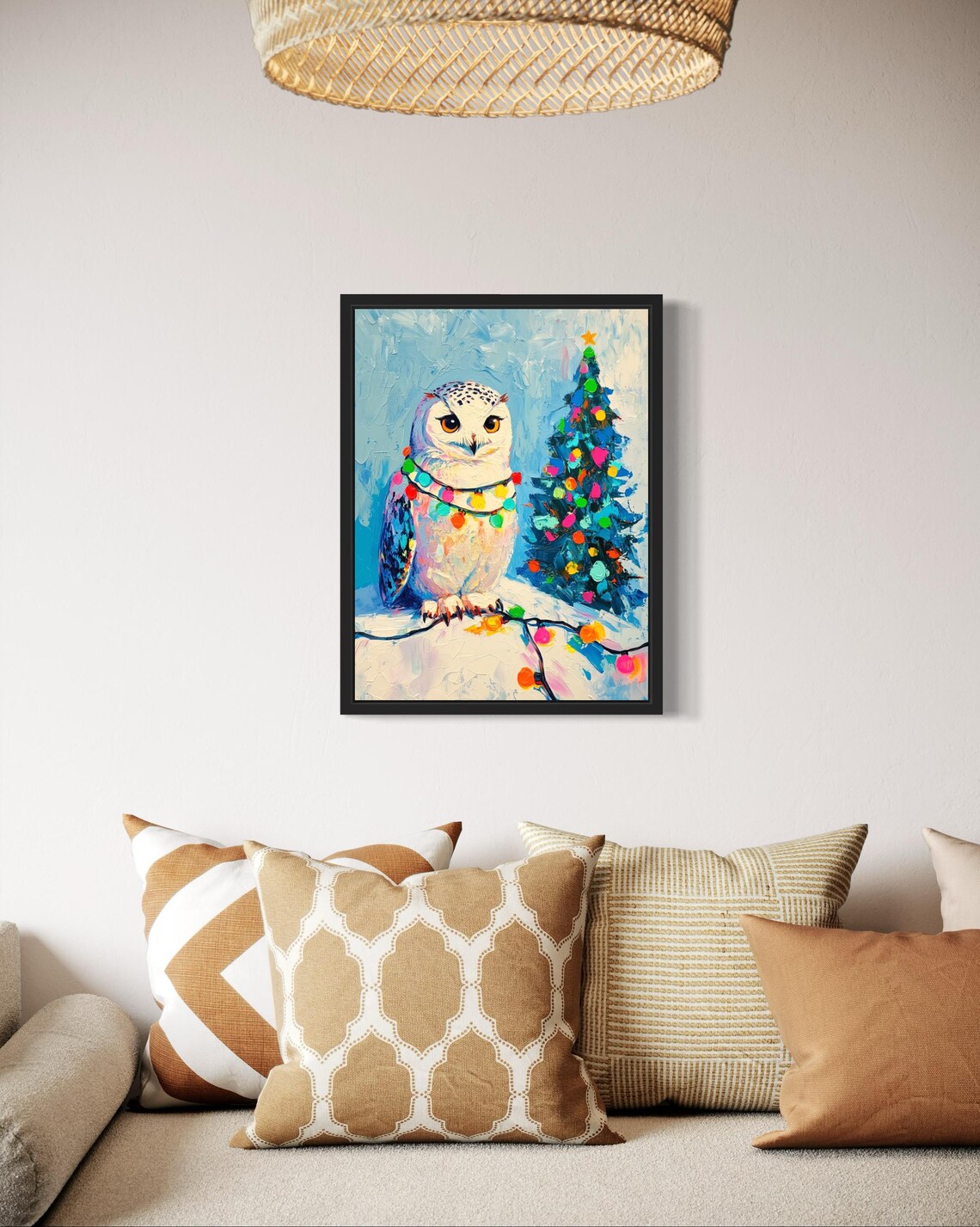 Snowy Owl in Winter Snow with Bright Christmas Lights Holiday Poster - Image 2