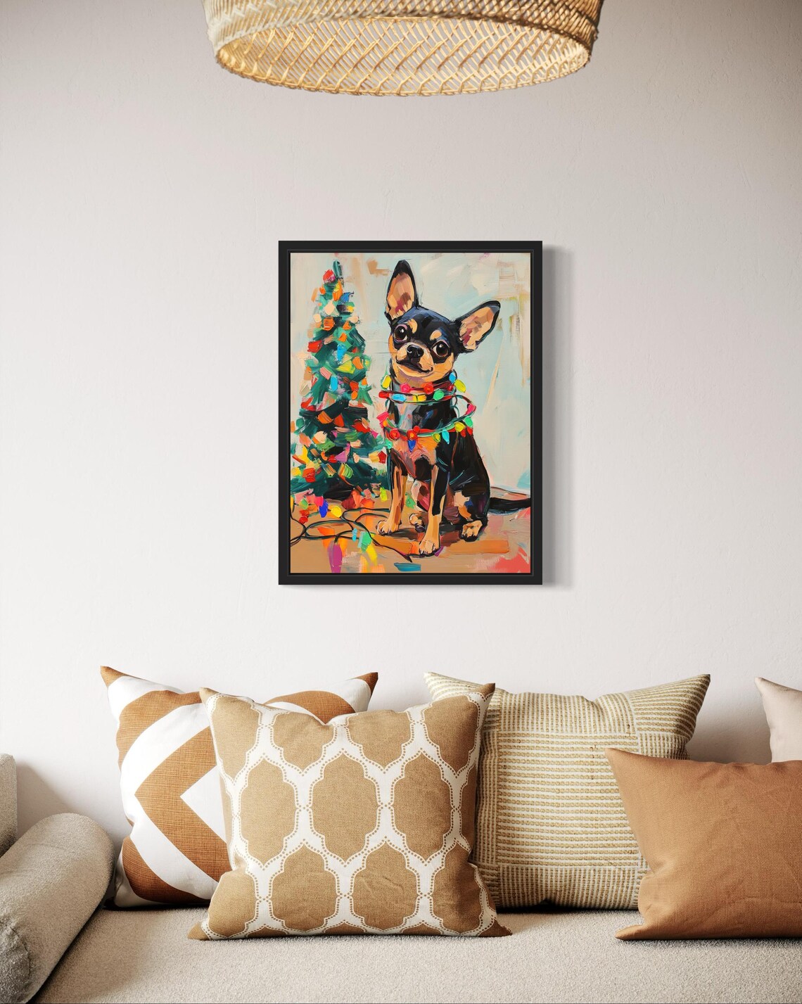 Black Chihuahua Wrapped in Colorful Christmas Lights Holiday Poster - Image 3