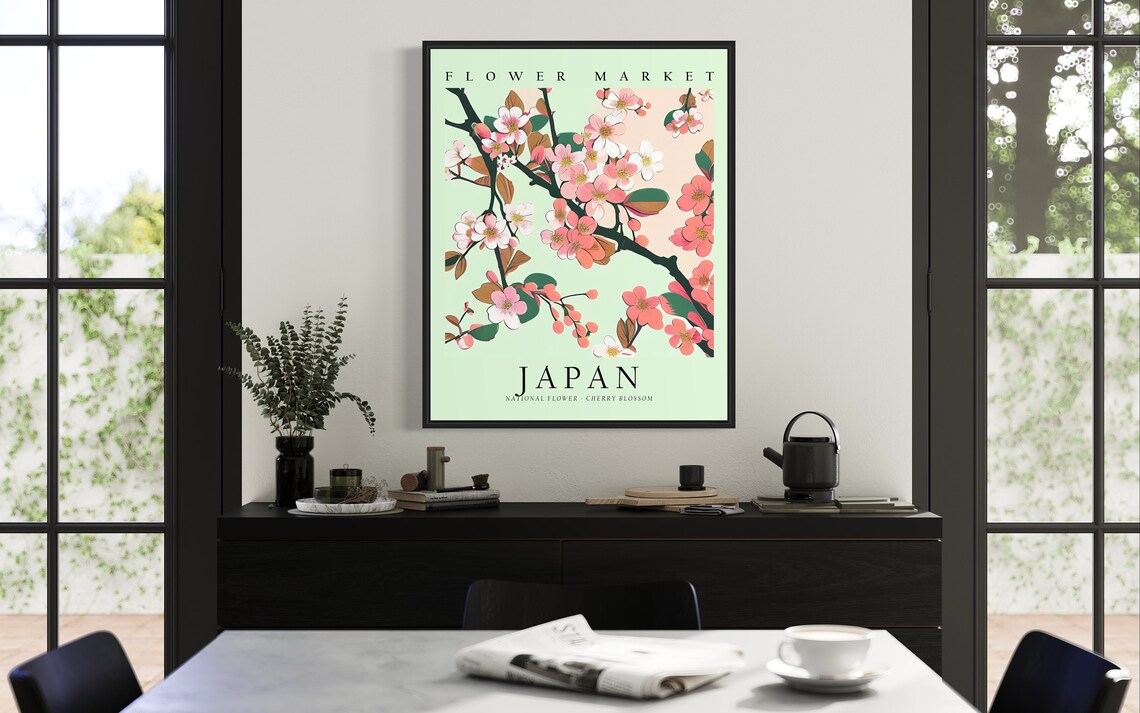 Cherry Blossom 1960s Neutral Botanical Art Print - Image 2
