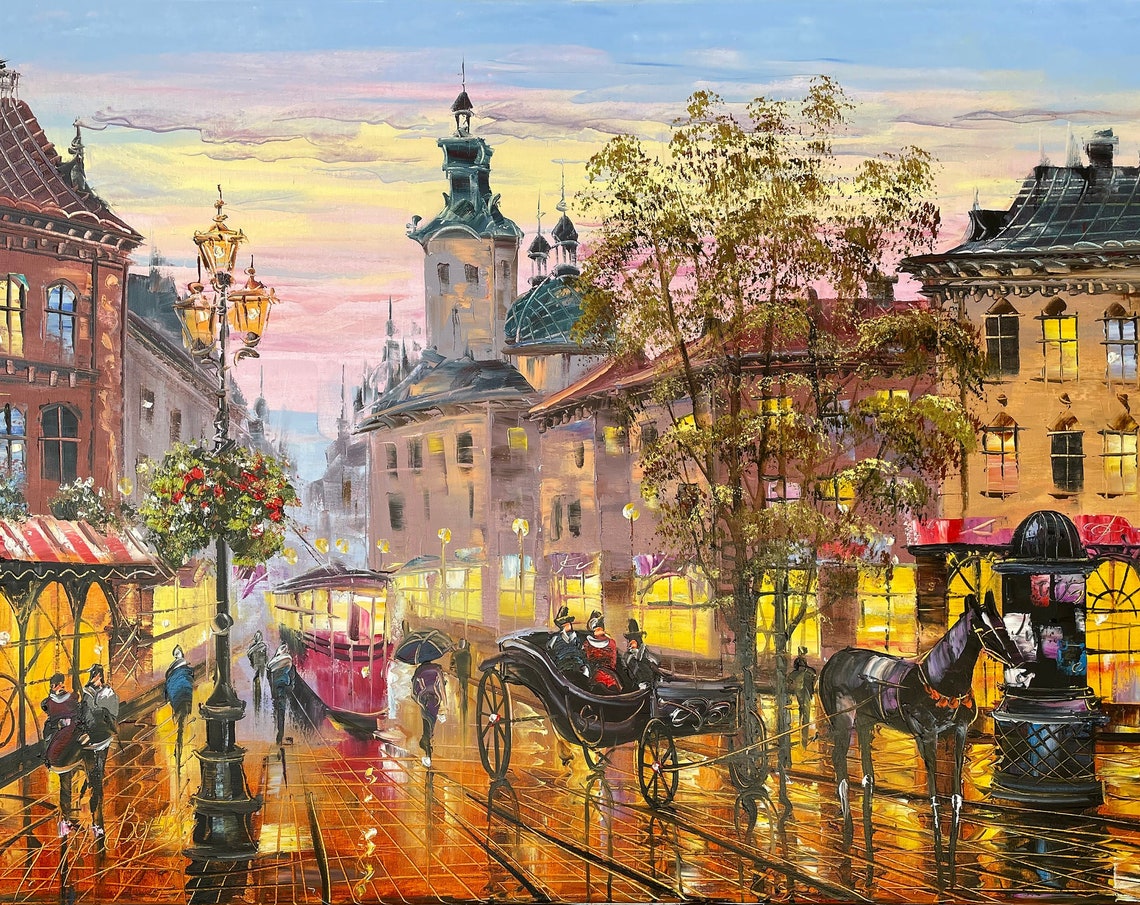Europe Cityscape Painting Original European Wall Art City Artwork Living Room Decor Colorful Evening In Old Town Lviv Oil Painting