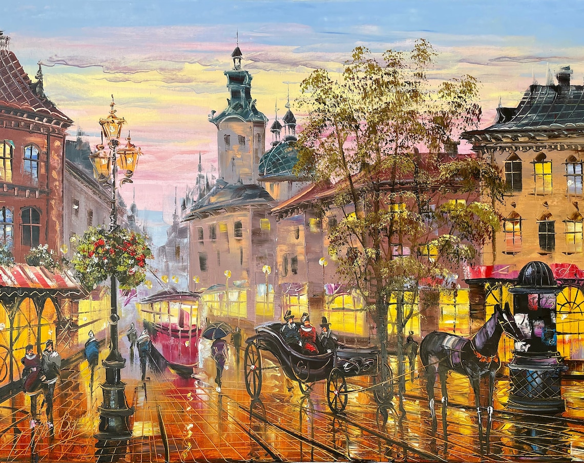 Old Town Lviv Ukraine Evening Street Tram Horse Carriage Travel Poster